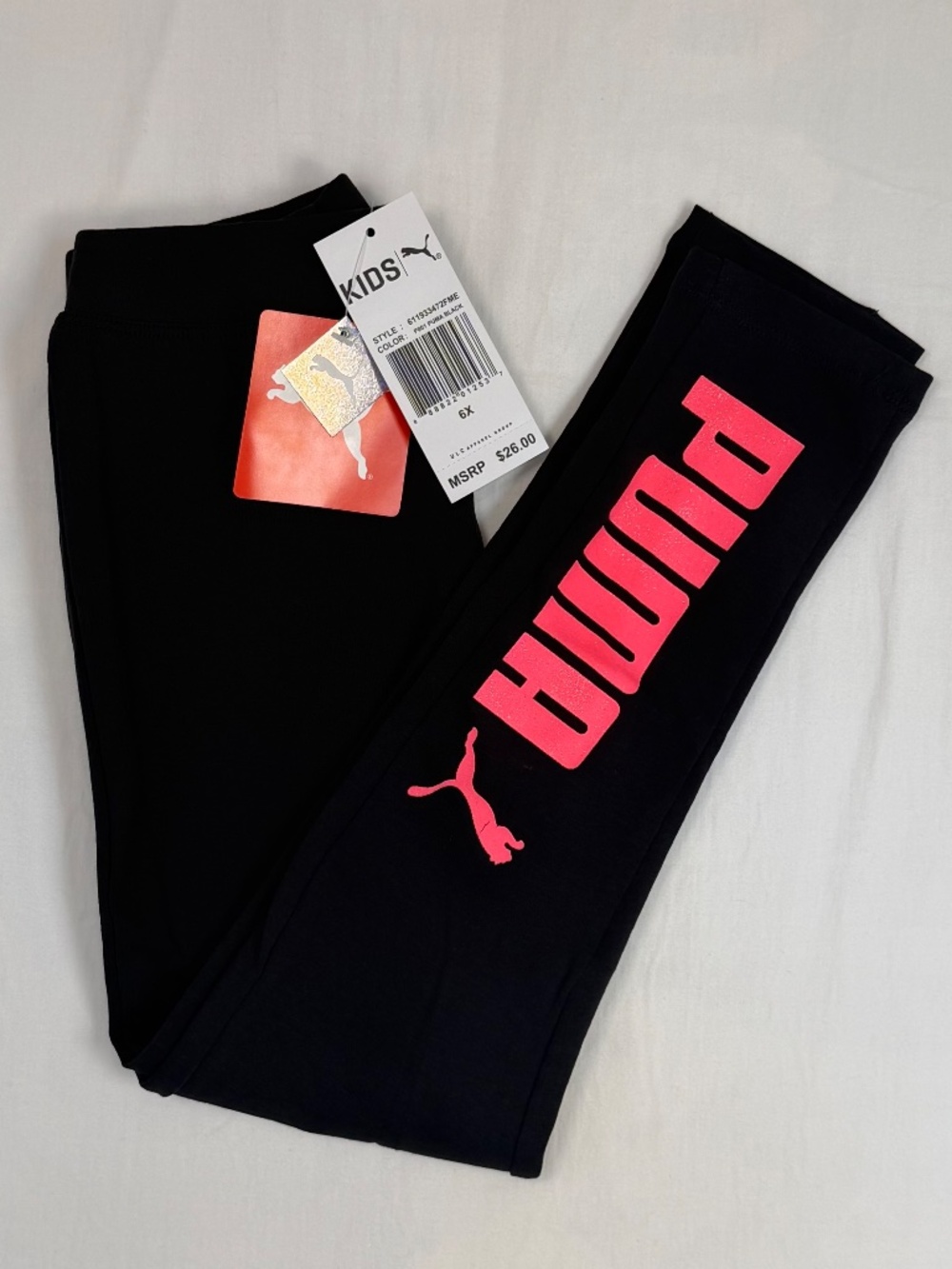 NWT Puma Girls 6x Black Legging with Pink Glitter Logo